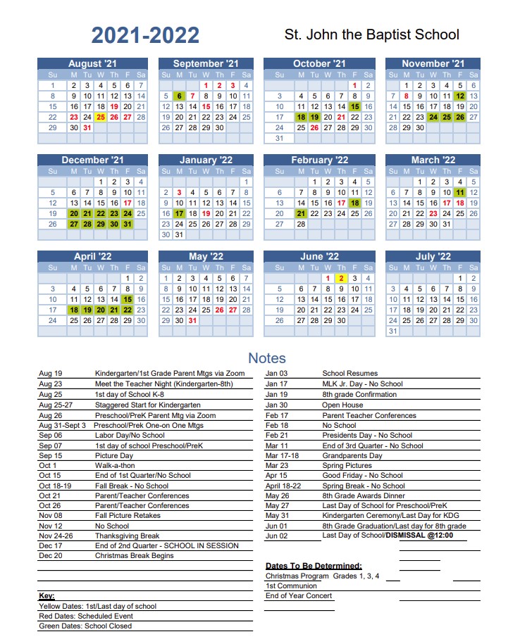 Saint John The Baptist School Current Families School Calendar